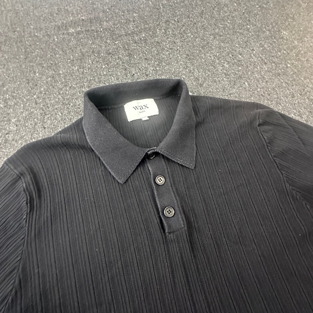 Wax London Polo Shirt Men L Black Ribbed Knit Long Sleeve Button Placket Casual